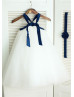 Ivory Tulle Navy Blue Straps Cross Flower Girl Dress  Ivory Tulle Navy Blue Straps Cross Flower Girl Dress